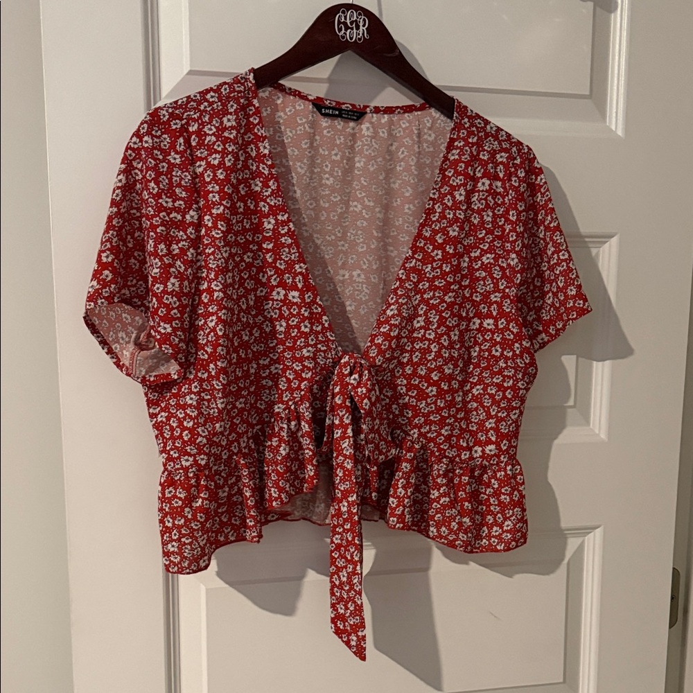 SHEIN Red White Floral Tie-Front Ruffle Crop Top XL